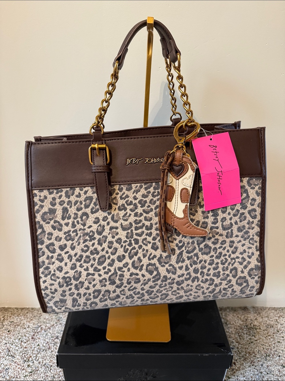 Betsey Johnson Brown and Leopard Print Satchel with Cowboy Boot Charm